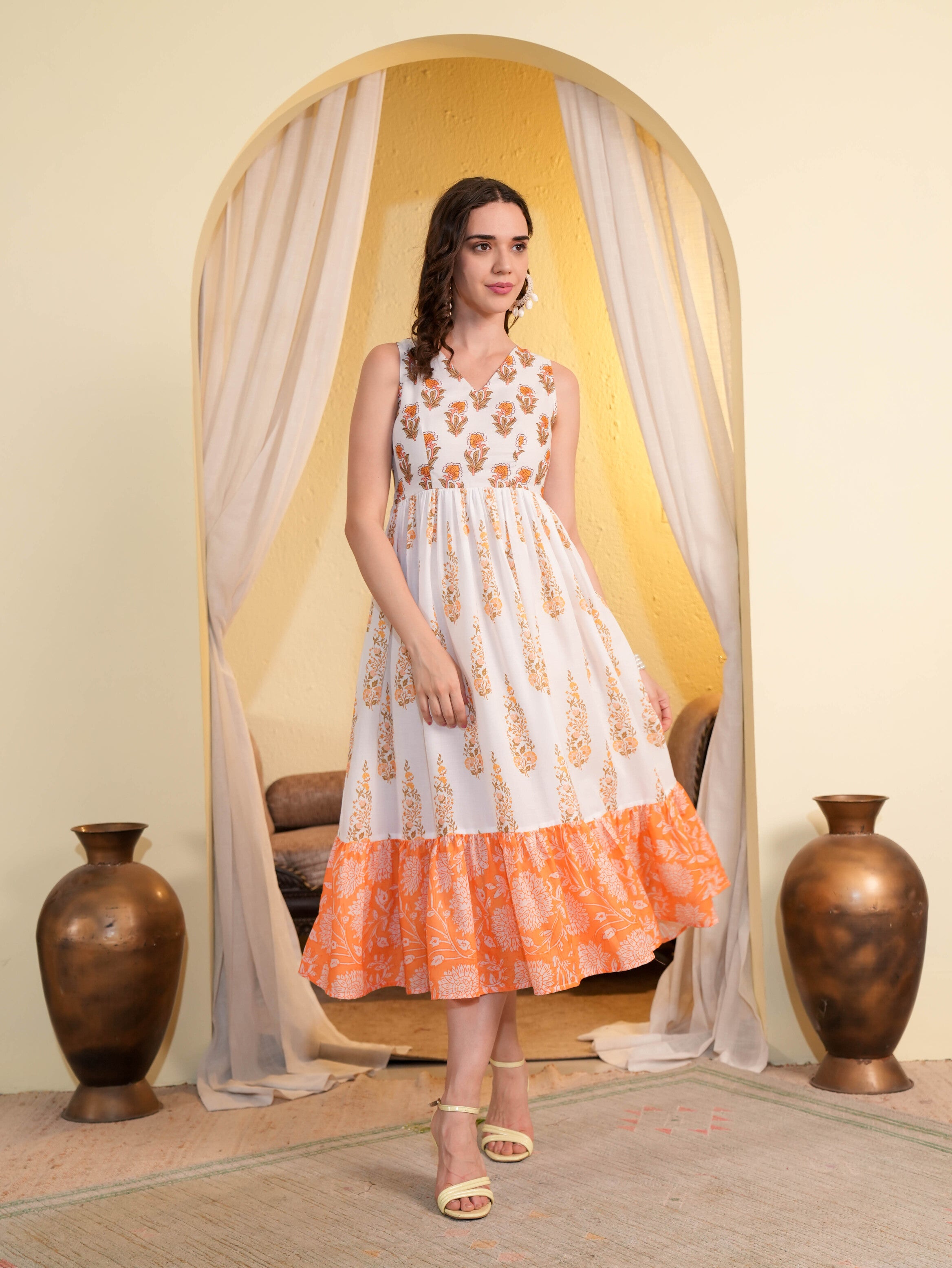 White Floral Printed Flared Midi Dress