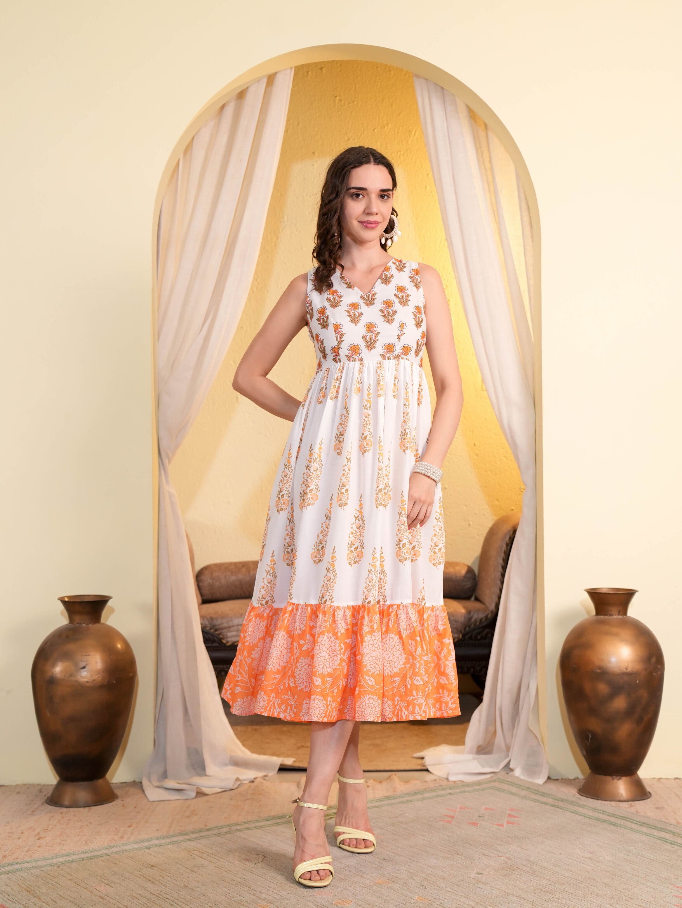 White Floral Printed Flared Midi Dress