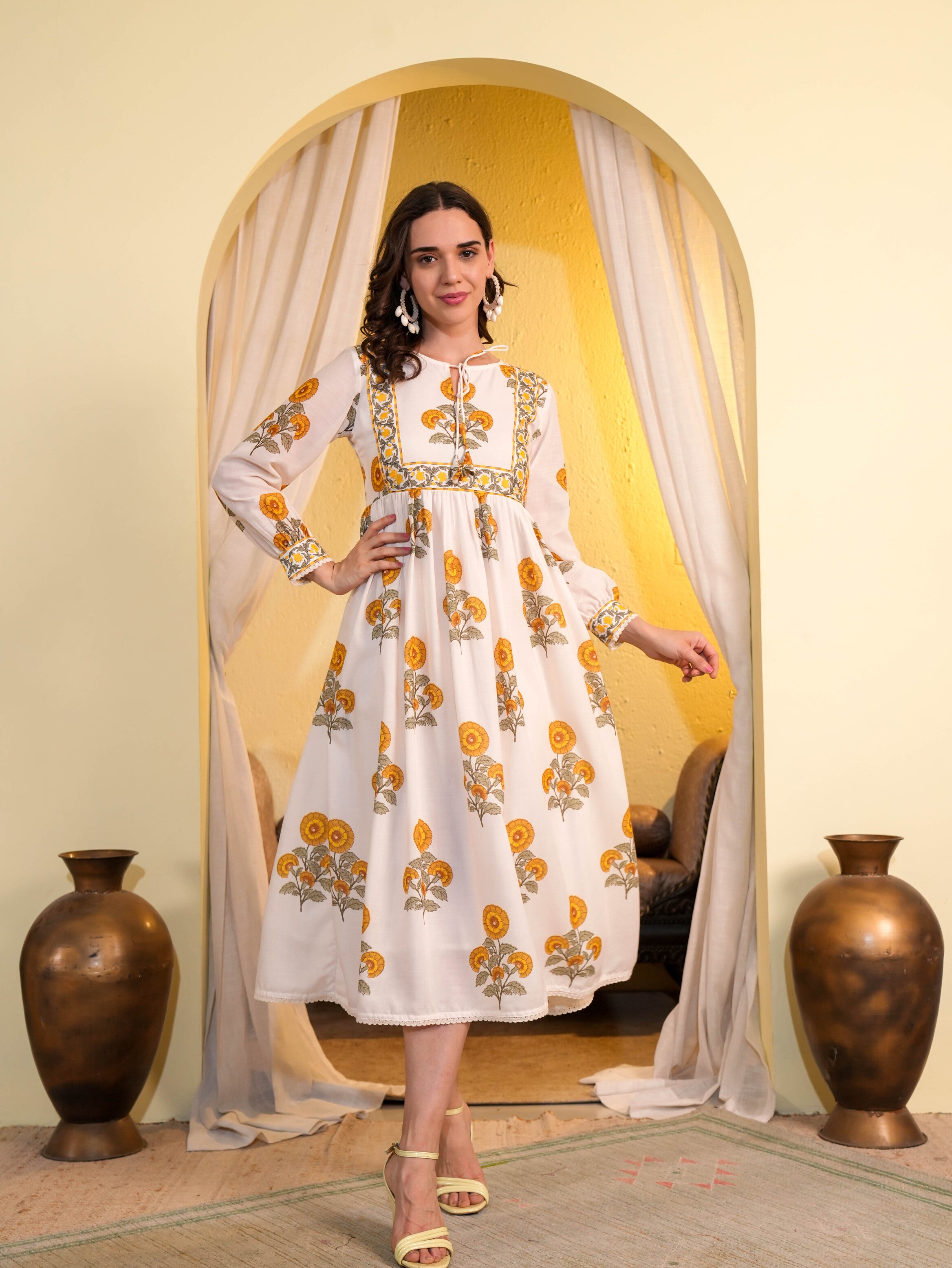 White Floral Printed Flared Midi Dress