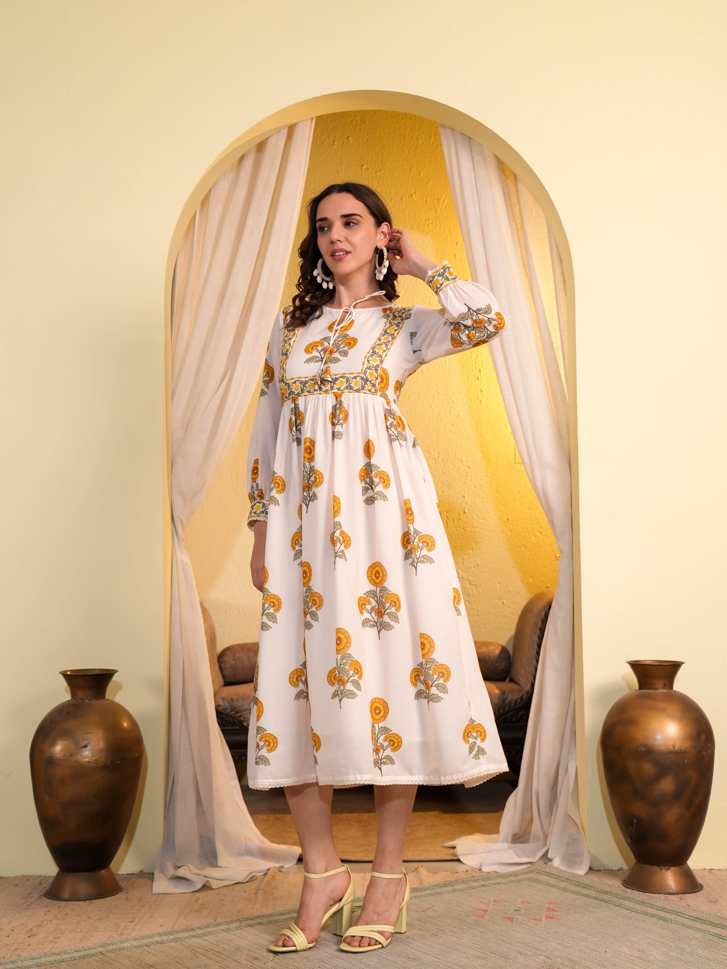 White Floral Printed Flared Midi Dress