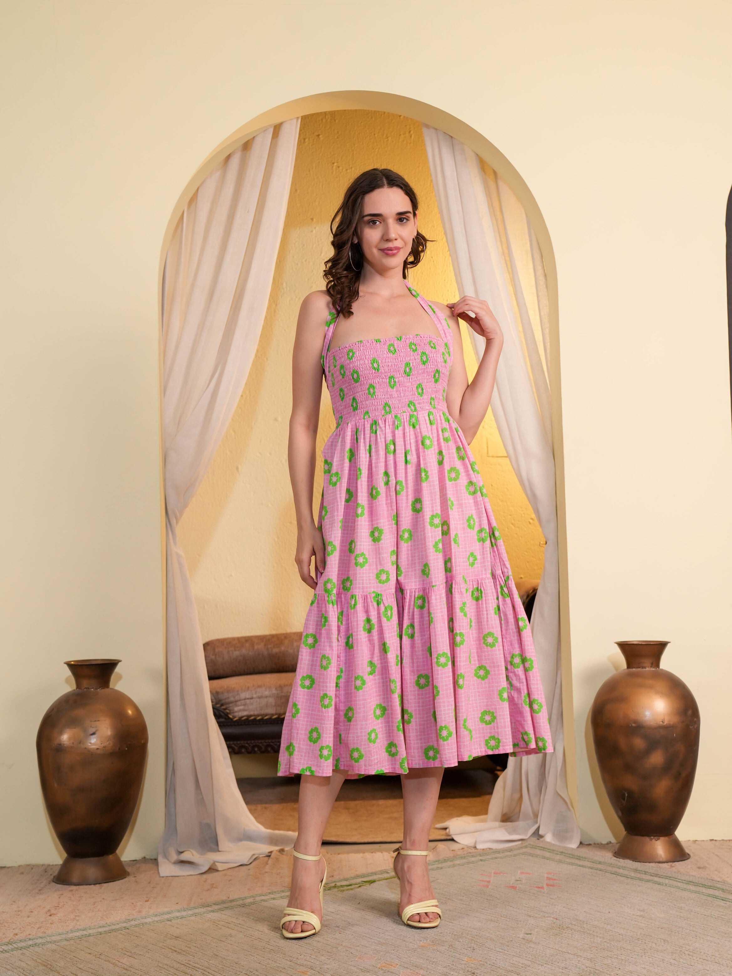 Pink Floral Printed Midi Dress