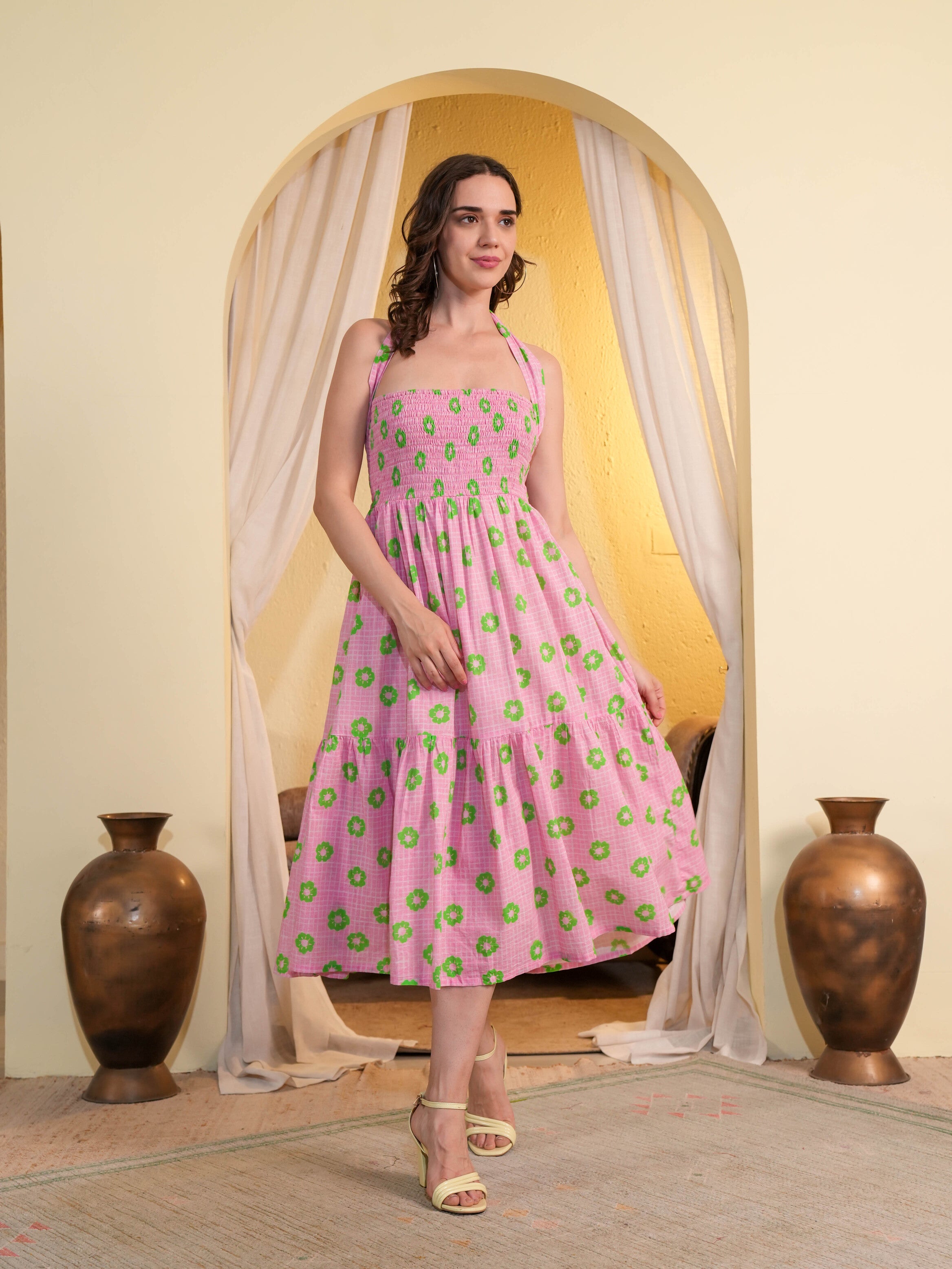 Pink Floral Printed Midi Dress