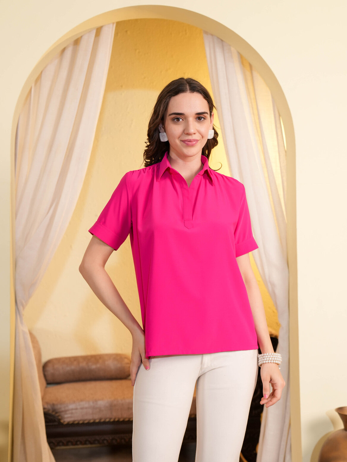Pink Solid Casual Shirt style Top