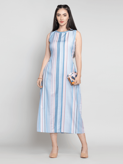Blue - Back Strips Printed Maxi Dress | OCTICS