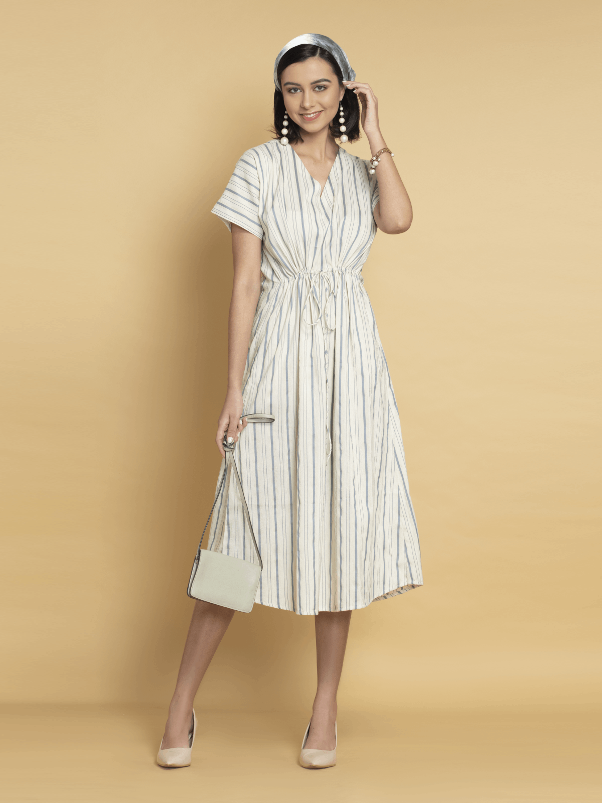 Buy Blue - Cream Strips Printed Kaftan Dress | OCTICS
