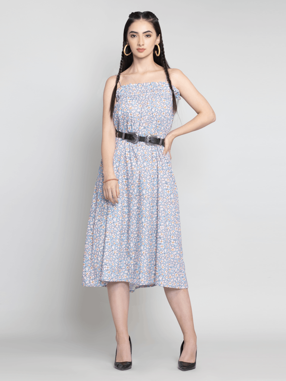 Blue Flower Printedf relex Fit Maxi Dress | OCTICS