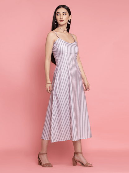 Buy Gray Cream Strips Printed Maxi Dress | OCTICS