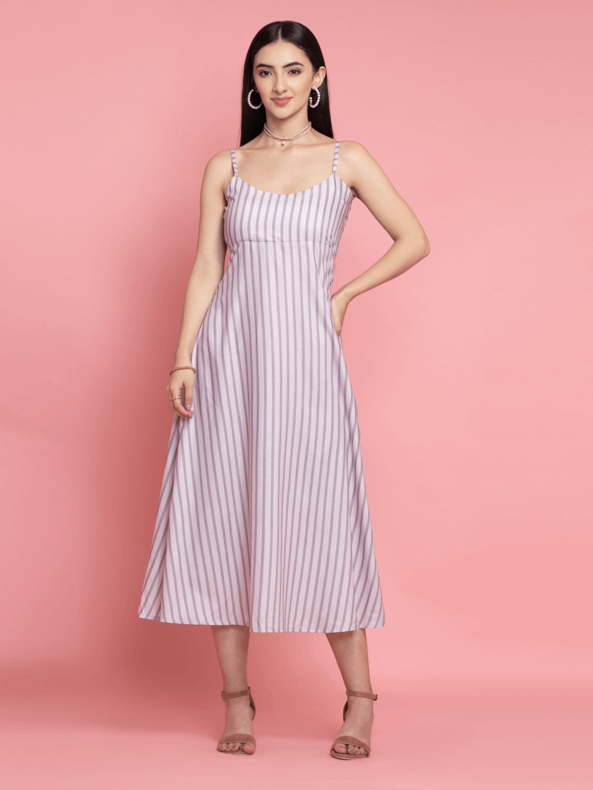 Buy Gray Cream Strips Printed Maxi Dress At Beat Price | OCTICS
