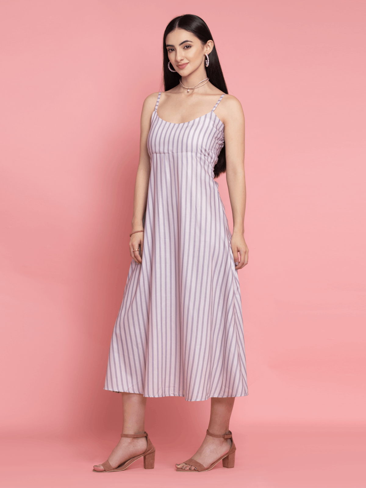 Buy Gray Cream Strips Printed Maxi Dress At Beat Price | OCTICS