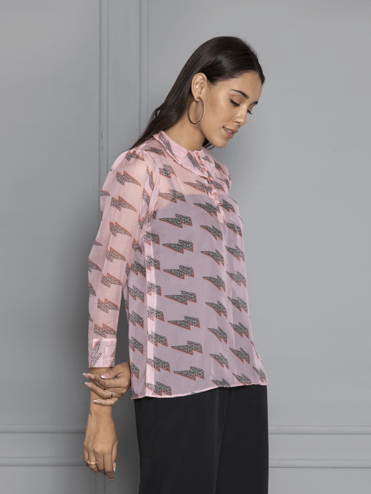 Pink Animal Print Organza Top With Frill Collar | OCTICS