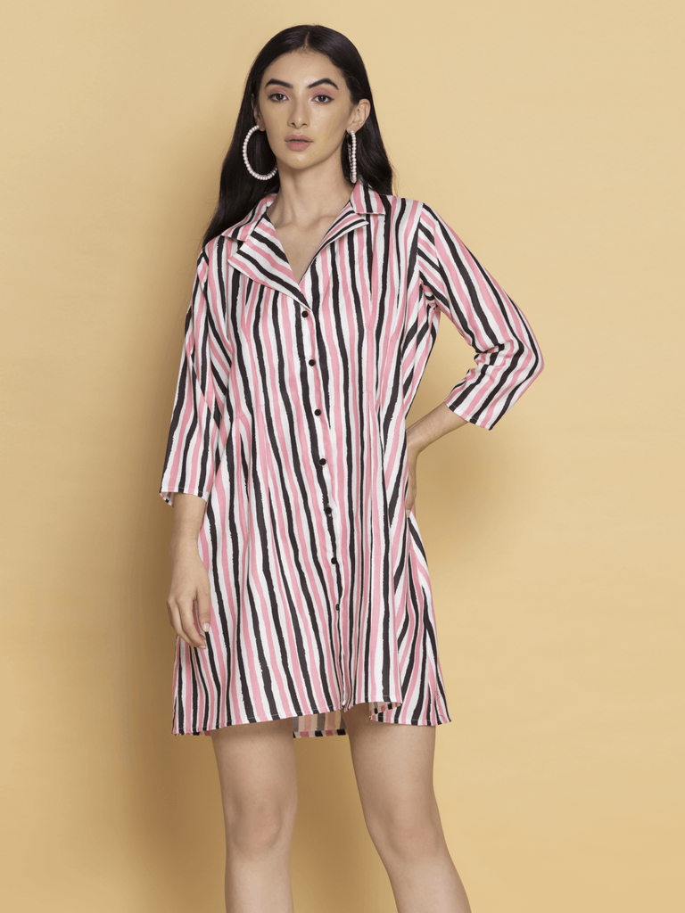 Women Pink And Black Stripes Shirt Dress | OCTICS