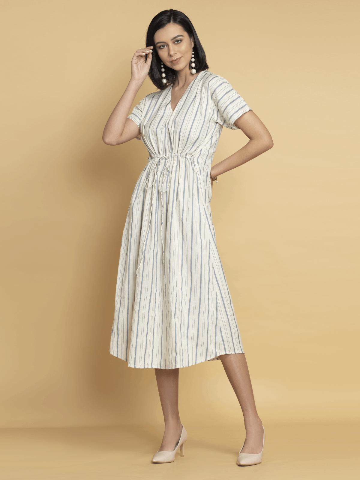 BuyBlue - Cream Strips Printed Kaftan Dress For Women | OCTICS