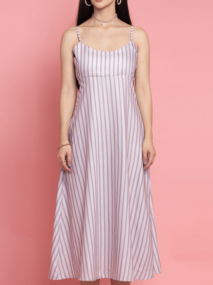 Gray Cream Strips Printed Maxi Dress | OCTICS